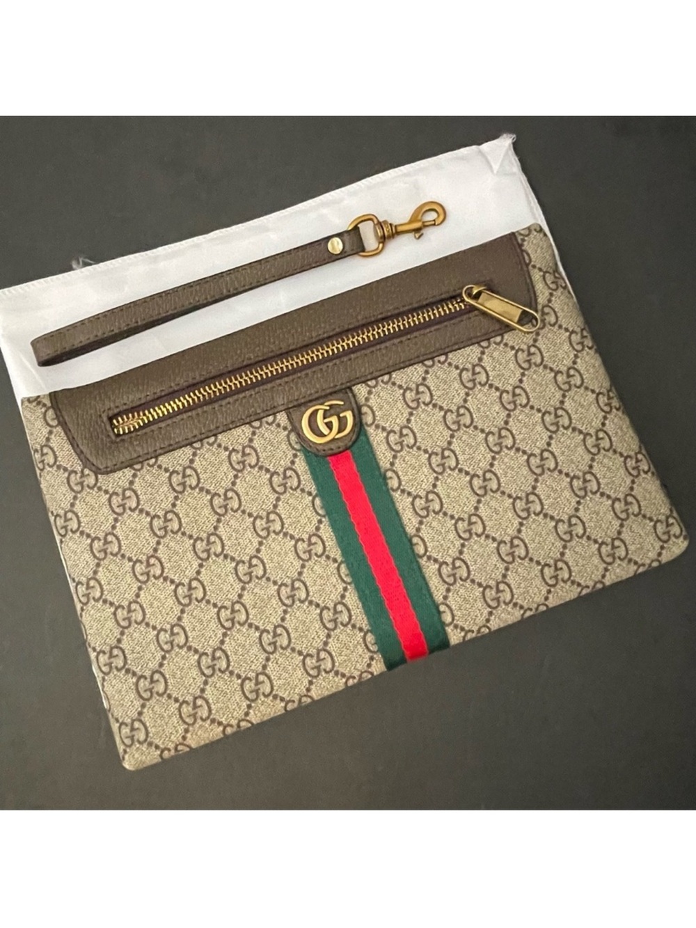 Beige Brown GG Supreme Wristlet with Green & Red Web